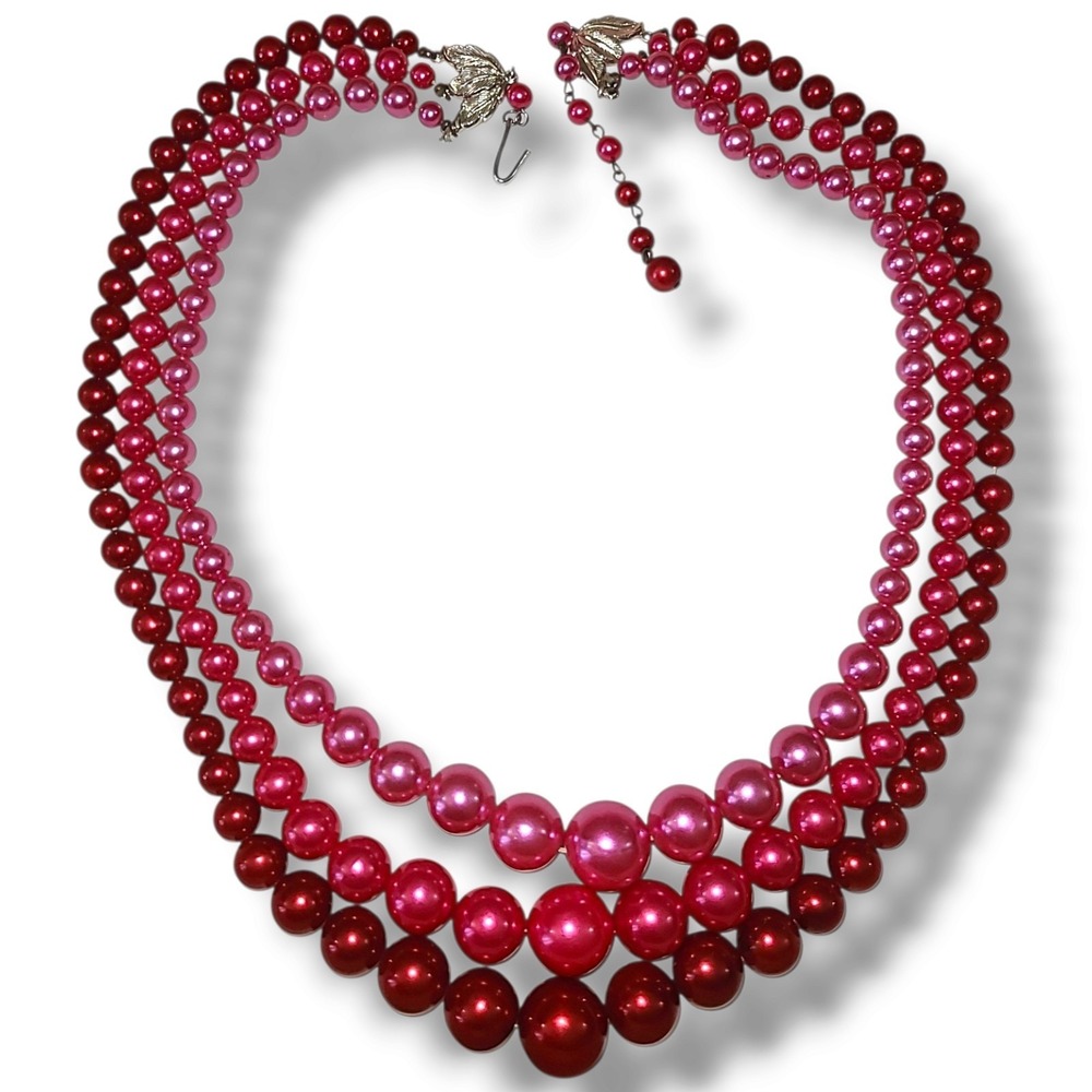 Vintage Triple Strand Graduated Chunky Pink Beaded Statement Necklace Japan